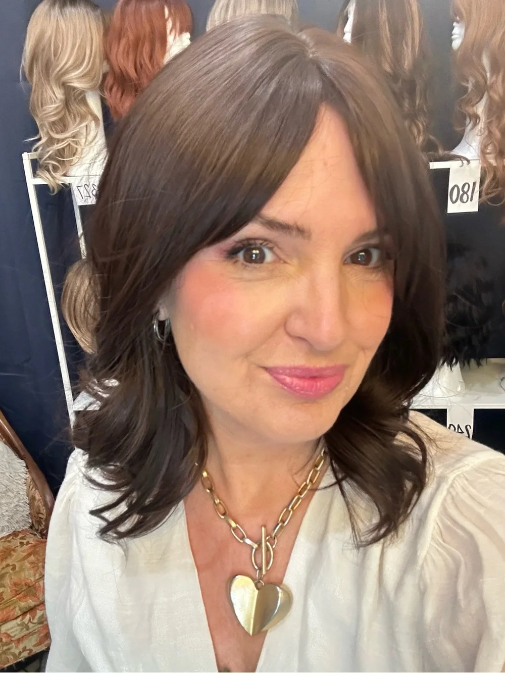 372  Dark Brown Bouncy curl 14” Wavy synthetic Wig with curtain bangs